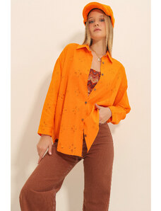Trend Alaçatı Stili Women's Orange Motif Oversize Linen Shirt