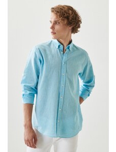 AC&Co / Altınyıldız Classics Men's Turquoise Comfort Fit Relaxed Cut Linen Buttoned Collar Casual Shirt