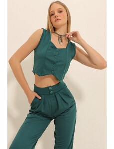 Trend Alaçatı Stili Women's Walnut Green Heart Collar Buttoned Crop Vest