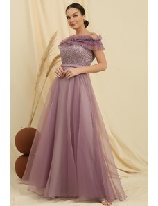 By Saygı Lined Long Tulle Dress with Beading Embroidered Top
