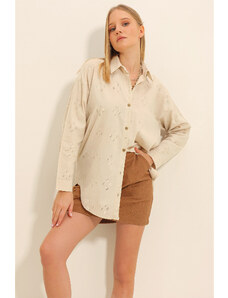 Trend Alaçatı Stili Women's Beige Motif Oversize Linen Shirt