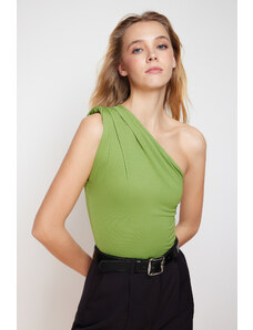 Trendyol Apple Green Fitted Asymmetric Collar Stretchy Snap Fastener Knitted Bodysuit