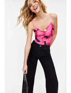 Trendyol Pink Floral Pattern V Neck Flexible Snaps Knitted Bodysuit