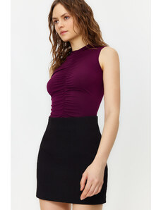 Trendyol Plum Knitted Bodysuit with Pleated Detail and Flexible Snap Fasteners