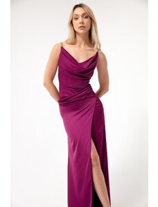 Lafaba Women's Plum Stone Strap Neckline Satin Evening Dress