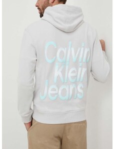 Bavlněná mikina Calvin Klein Jeans pánská, šedá barva, s kapucí, s potiskem