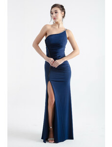 Lafaba Women's Navy Blue Stone Strap Slit Long Evening Dress