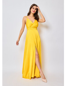 Žluté saténové šaty Mili s rozparkem