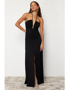 Trendyol Black Waist Opening/Skater Knitted Long Evening Evening Dress