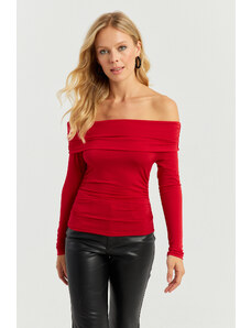 Cool & Sexy Women's Red Gathered Madonna Blouse