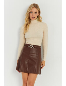Cool & Sexy Women's Brown Buckled Faux Leather Mini Skirt