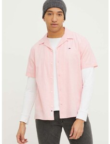 Košile s příměsí lnu Tommy Jeans růžová barva, regular