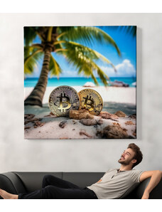 Obraz na plátně - Bitcoin, tropická pláž s palmou FeelHappy.cz
