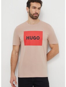 Bavlněné tričko HUGO béžová barva, s potiskem, 50467952