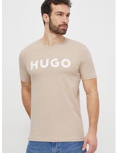 Bavlněné tričko HUGO béžová barva, s potiskem