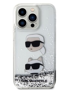 Ochranný kryt na iPhone 15 Pro - Karl Lagerfeld, Liquid Glitter Karl and Choupette Head Silver
