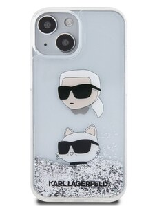 Ochranný kryt na iPhone 15 - Karl Lagerfeld, Liquid Glitter Karl and Choupette Head Silver