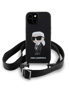 Ochranný kryt na iPhone 15 - Karl Lagerfeld, Liquid Silicone Crossbody Ikonik Black
