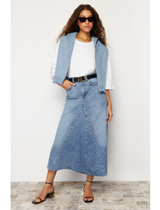 Trendyol Blue Flounce Stitch Detail High Waist Maxi Denim Skirt