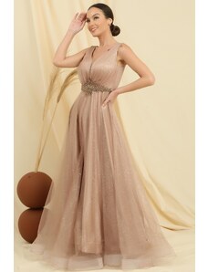 By Saygı V-Neck Waist Stone Lined Top Silvery Inner Satin Long Princess Dress