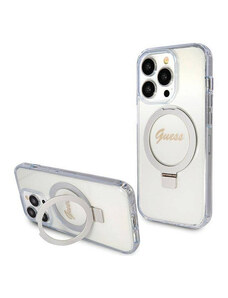 iPhone 15 Pro Guess IML Ring Stand Glitter MagSafe Case transparentní