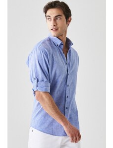 AC&Co / Altınyıldız Classics Men's Sax-Blue Comfort Fit Relaxed-Cut Buttoned Collar Casual Linen Shirt.
