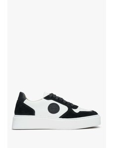 Women's Black & White Leather & Velour Sneakers Estro ER00113062