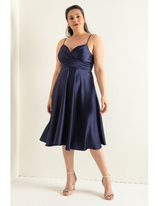 Lafaba Women's Navy Blue Rope Strap Waist Belted Satin Midi Plus Size Evening Dress