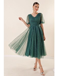 By Saygı Front Back V-Neck Short Balloon Sleeve Lined Spider Pattern Silvery Tulle Midi Dress Emerald