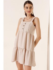 By Saygı Thick Strap Lined Striped Frilly Dress Beige