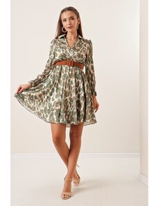 By Saygı Dvouřadé lemované saténové šaty s leopardím vzorem lemované bederním pásem khaki
