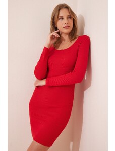 Happiness İstanbul Women's Red Square Neck Lycra Ribbed Knitted Dress