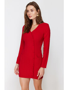 Trendyol červená kapsa detailní knoflíky s výstřihem do V tkané bundové šaty