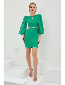 Carmen Green Crepe Stone Balloon Sleeve Short Evening Dress