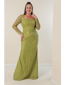 By Saygı Square Neck Lined Plus Size Long Dress with Cut Stones