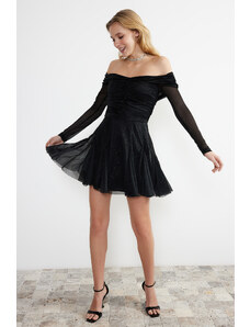 Trendyol Black Open Waist/Skater Knitted Glittering Tulle Elegant Evening Dress