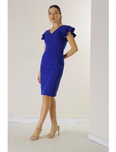 By Saygı Front Back V Neck Flounce Sleeves Lined Crepe Dress