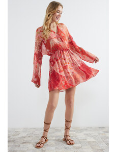 Trendyol Red Shawl Patterned A-Line Double Breasted Neck Lined Chiffon Mini Woven Dress