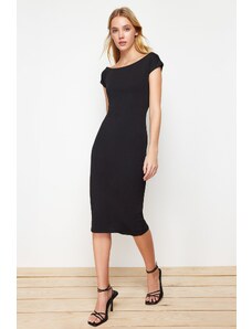 Trendyol Black Boat Neck Fitted Cotton Stretchy Midi Knitted Midi Dress
