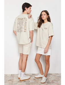 Trendyol Beige Oversize/Genil Cut Back Fluffy Text Printed 100% Cotton T-shirt
