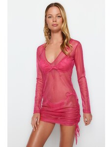 Trendyol růžové vypasované mini pletené nabírané plážové šaty