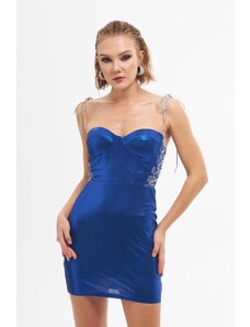 Carmen Saxe Blue Shiny Knitted Stone Laced Short Evening Dress