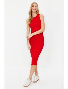 Trendyol Red Ribbed Bodycone/Fitting Crew Neck Stretchy Midi Knitted Pencil Dress