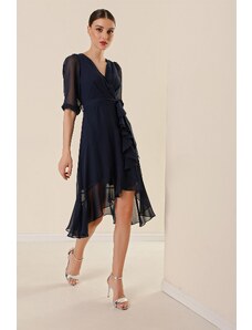 By Saygı Double Breasted Collar Skirt Flounced Waist Belted Lined Balloon Sleeve Wide Size Chiffon Dress