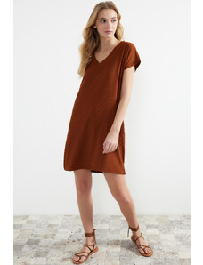 Trendyol Tile Crepe/Textured V-Neck Shift/Plain Knitted Mini Dress