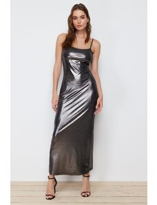 Trendyol Gray Foil/Glossy Print Fitted Maxi Stretch Knit Dress