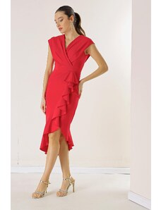 By Saygı Double Breasted Collar Front Flounce Lined Crepe Dress