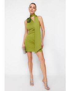 Trendyol Oil Green, Fitted, Knitted Rose Detailed Elegant Evening Dress