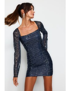 Trendyol Dark Navy Blue Fitted Knitted Shimmering Elegant Evening Dress