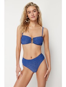 Trendyol Navy Blue Strapless Accessorized Silvery High Waist High Leg Brazilian Bikini Set